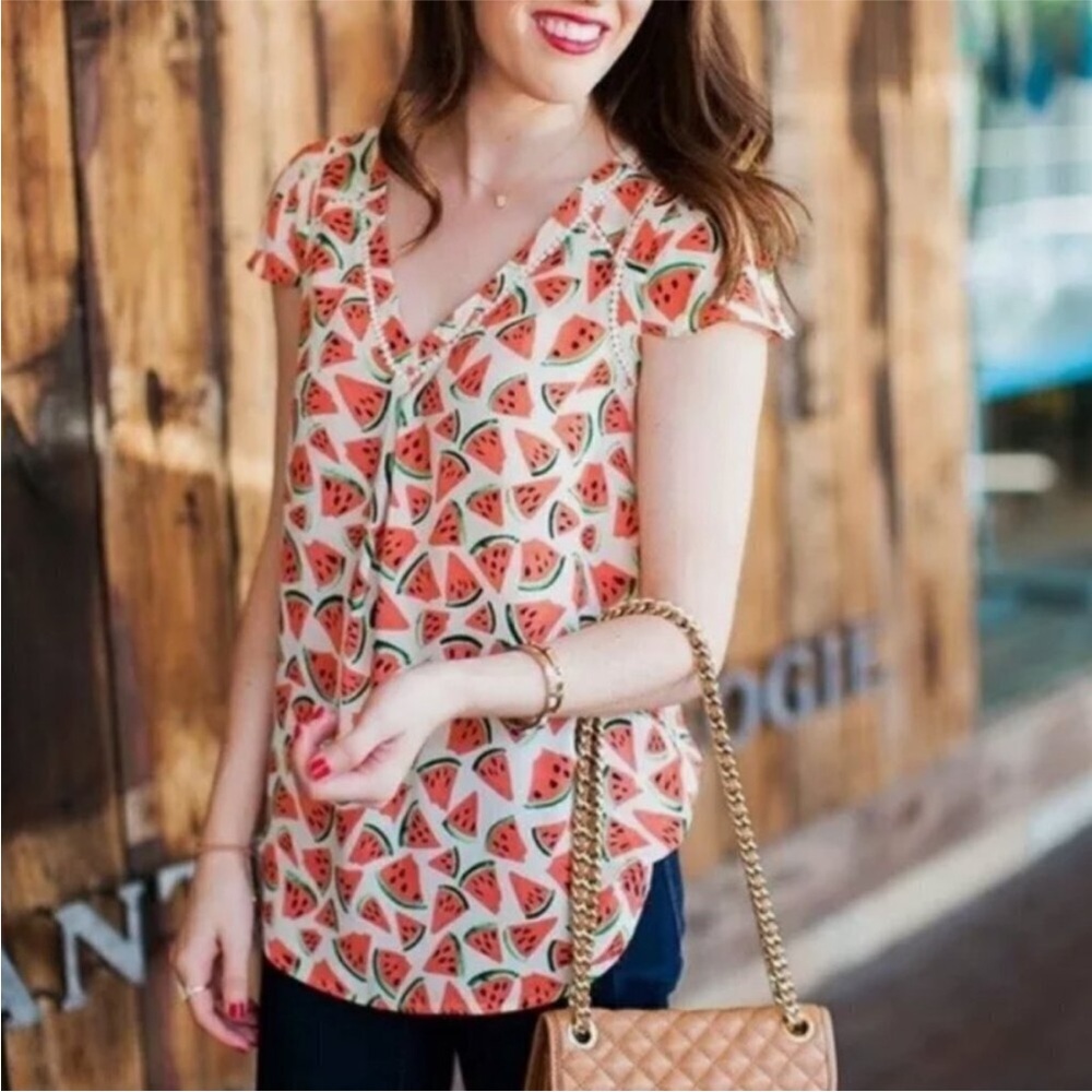 Anthropologie Maeve Watermelon 🍉 Fruit Print Blouse With Crochet Details EUC